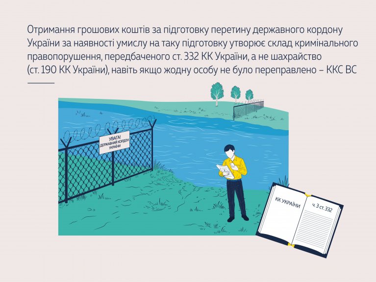 Отримання грошових коштів за підготовку перетину державного кордону України за наявності умислу на таку підготовку утворює склад кримінального правопорушення, передбаченого ст. 332 КК, а не шахрайство (ст. 190 КК), навіть якщо жодну особу не переправлено 