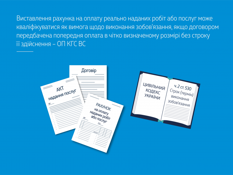 Виставлення рахунка на оплату реально наданих робіт або послуг може кваліфікуватися як вимога щодо виконання зобов’язання, якщо договором передбачена попередня оплата в чітко визначеному розмірі без строку її здійснення – ОП КГС ВС  - 9b6c1504128fbd500131cd9e21398035.png