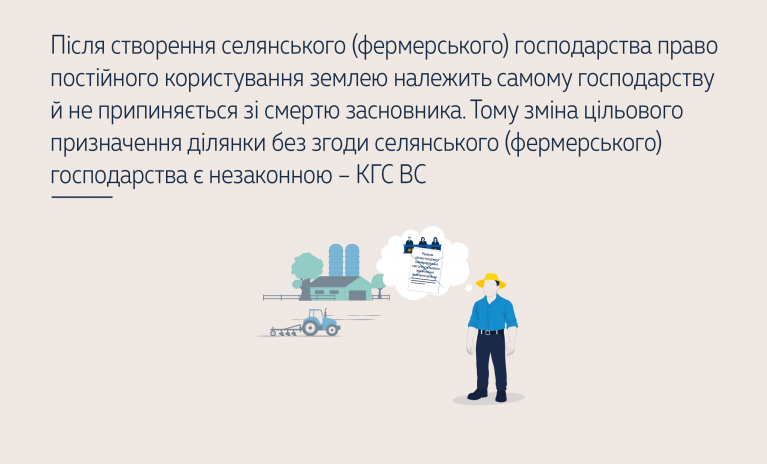 Після створення селянського (фермерського) господарства право постійного користування землею належить самому господарству й не припиняється зі смертю засновника – КГС ВС 