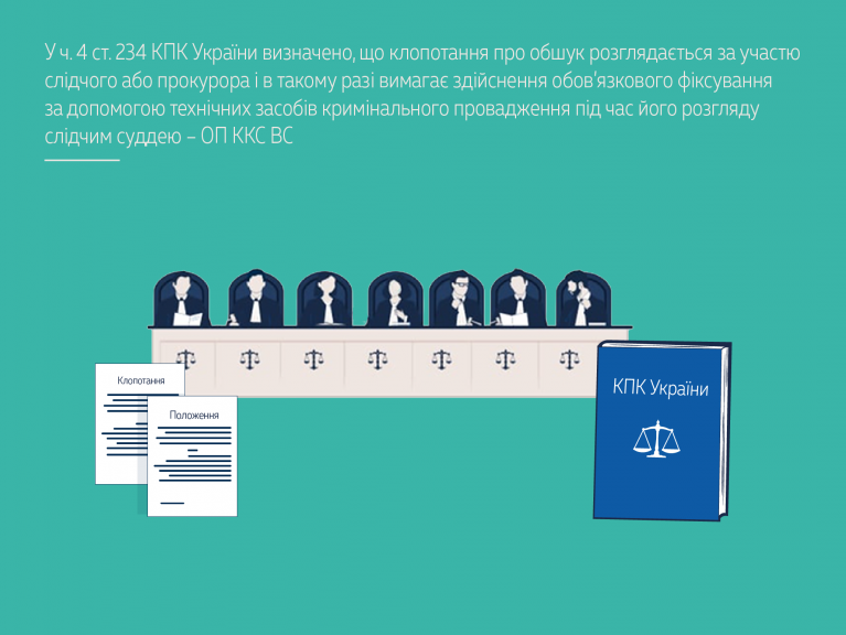У ч. 4 ст. 234 КПК визначено, що клопотання про обшук розглядається за участю слідчого або прокурора і в такому разі вимагає здійснення обов’язкового фіксування за допомогою технічних засобів кримінального провадження під час його розгляду слідчим суддею