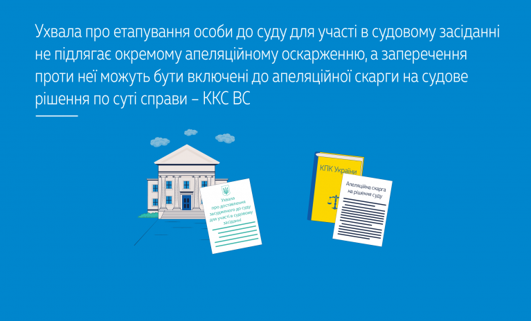 Ухвала про етапування особи до суду для участі в судовому засіданні не підлягає окремому апеляційному оскарженню, а заперечення проти неї можуть бути включені до апеляційної скарги на судове рішення по суті справи – ККС ВС  - ecbebcdca1f922403d75acab6825f49d.png