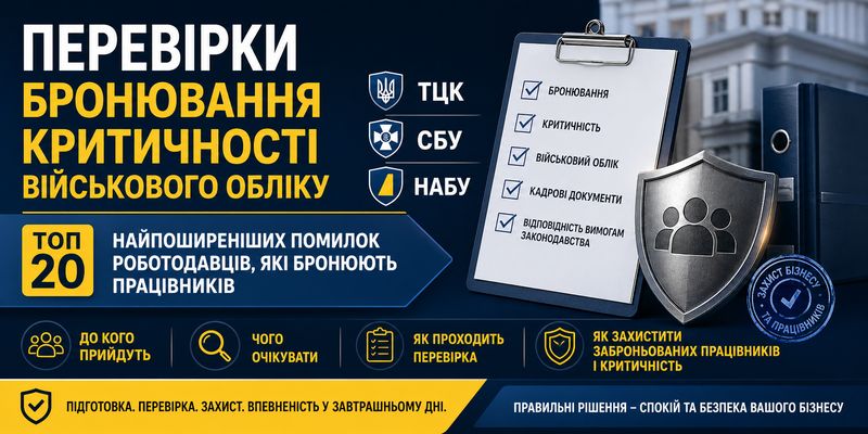 ПЕРЕВІРКИ ТЦК, СБУ, НАБУ 2026: БРОНЮВАННЯ, КРИТИЧНОСТІ, ВО! Як пройти перевірку та захистити заброньованих і критичність. Топ 20 помилок. Матриця ризиків. Невідповідність критеріям. Ознаки фіктивного бронювання. Перевірки реальності трудових відносин. Відповіді і пояснення щодо заброньованих. Внутрішній комплаєнс підприємства. Політика бронювання. Положення про ВО. Внутрішній аудит. Контроль ризикових рішень. Відповідальність посадових осіб: Адміністративна. Кримінальна. Дисциплінарна