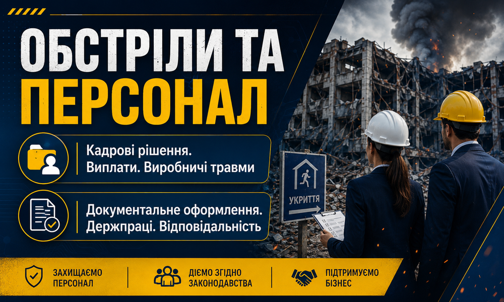 ОБСТРІЛИ ТА ПЕРСОНАЛ. Кадрові рішення. Документальне оформлення. Дії роботодавця: Повітряна тривога, Евакуація, Укриття. Трудові відносини. Призупинення роботи. Простій. Неповний робочий час. Переведення. Зміна режиму робочого праці. Виплати. Травмування працівника. Нещасний випадок. Охорона праці. Інструктажі. Перевірки Держпраці. Відповідальність