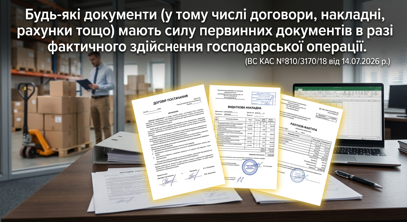 Будь-які документи (у тому числі договори, накладні, рахунки тощо) мають силу первинних документів в разі фактичного здійснення господарської операції. (ВС КАС №810/3170/18 від 14.07.2026 р.)
