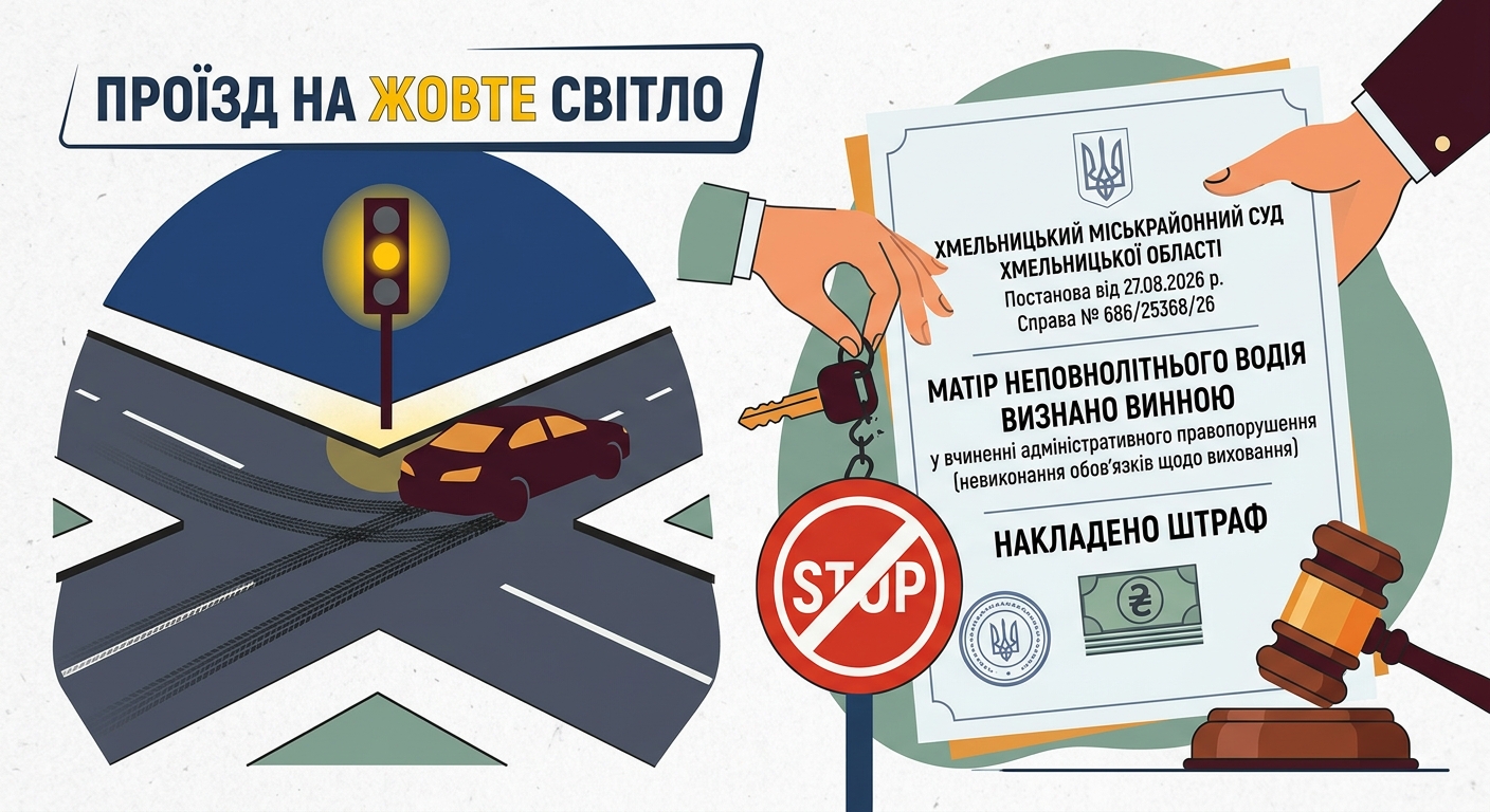 Матір неповнолітнього, який сів за кермо автомобіля і проїхав на жовтий світлофор було визнано винною у вчиненні адміністративного правопорушення та накладено штраф. (Хмельницький міськрайонний суд Хмельницької області №686/25368/26 від 27.08.2026 р.)