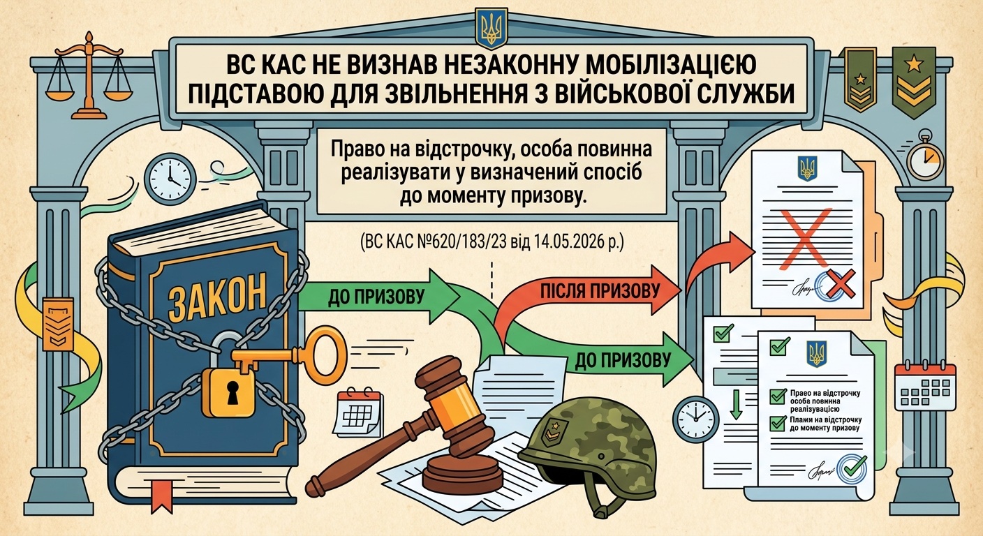 ВС КАС НЕ визнав незаконну мобілізацію підставою для звільнення з військової служби. Право на відстрочку, особа повинна реалізувати у визначений спосіб до моменту призову. (ВС КАС №620/183/23 від 14.05.2026 р.)