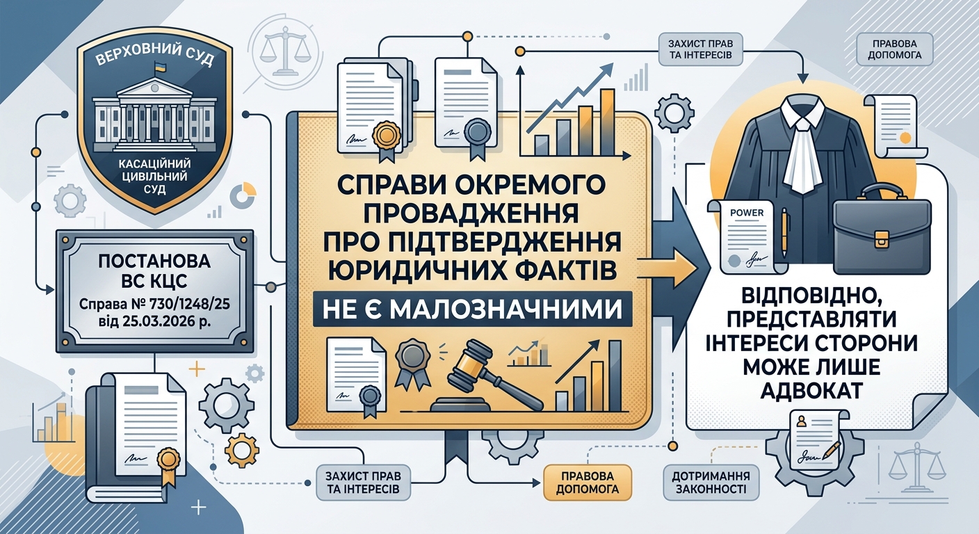 Справи окремого провадження про підтвердження юридичних фактів НЕ є малозначними, відповідно, представляти інтереси сторони може лише адвокат. (ВС КЦС №730/1248/25 від 25.03.2026 р.)