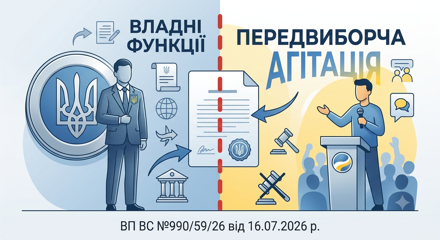 Дії чи бездіяльність Президента України, пов`язані з його передвиборчою агітацією, не стосуються реалізації ним своїх владних (управлінських) функціїй, а тому не можуть бути предметом розгляду в суді (ВП ВС №990/59/26 від 16.07.2026 р.)