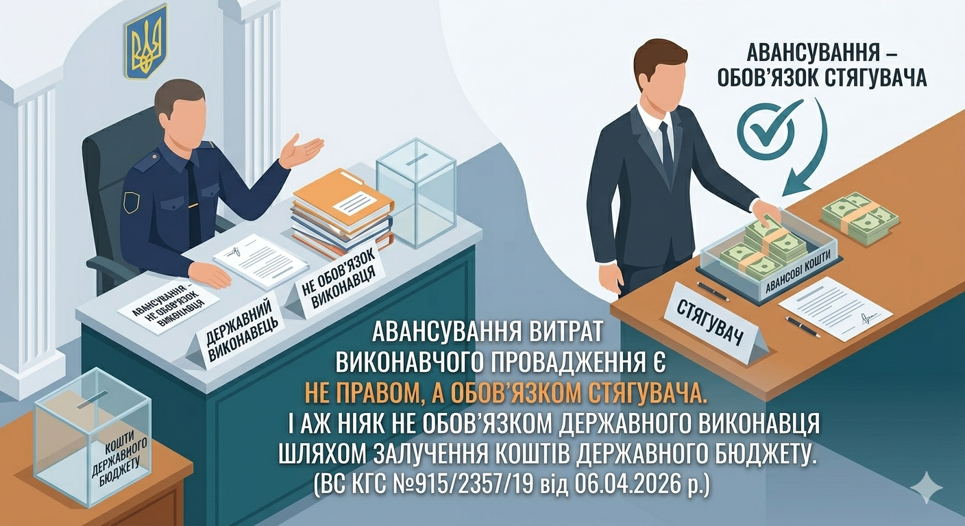 Авансування витрат виконавчого провадження є не правом, а обов`язком стягувача. І аж ніяк не обов’язком державного виконавця шляхом залучення коштів Державного бюджету. (ВС КГС №915/2357/19 від 06.04.2026 р.)
