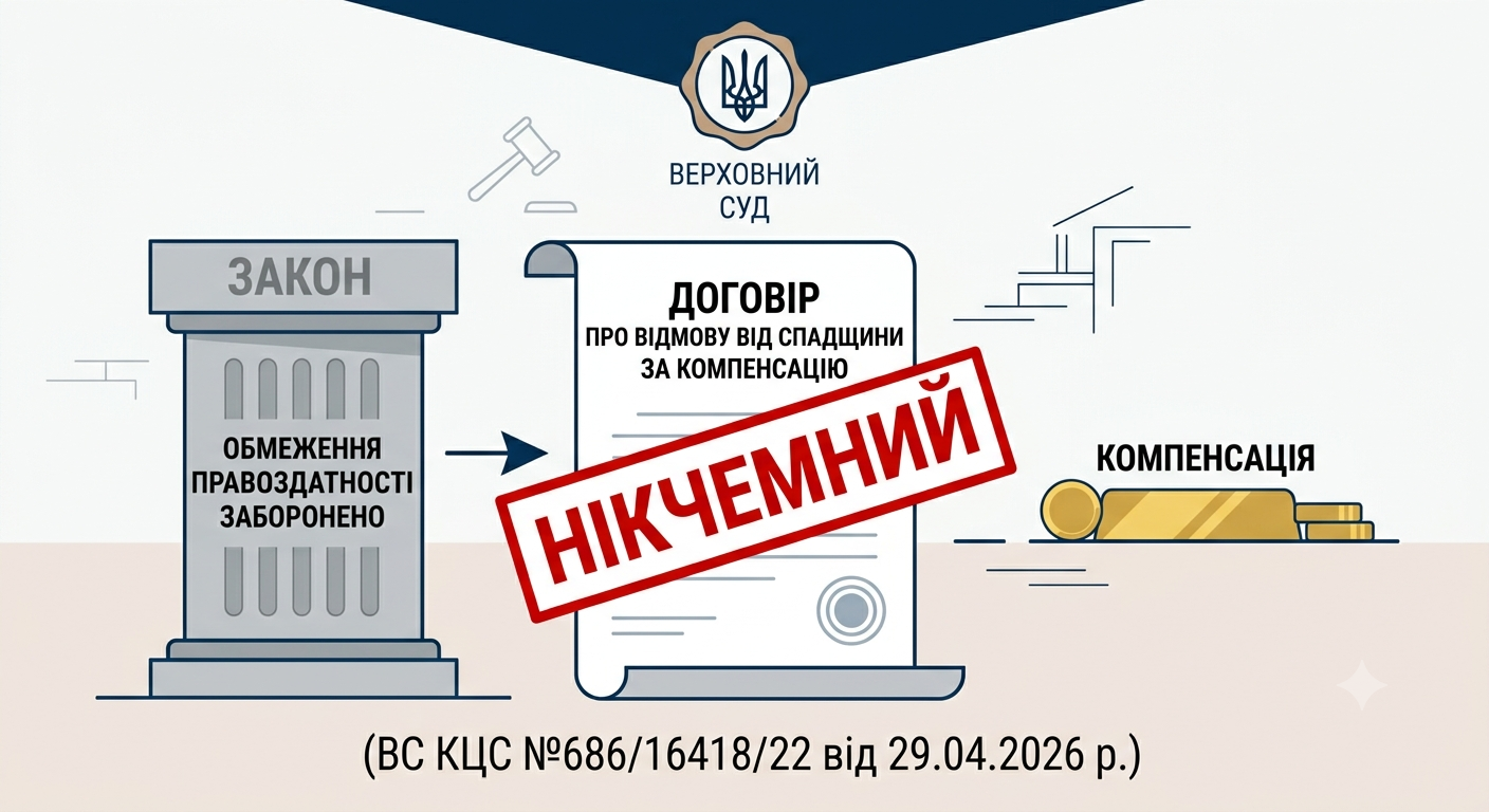 Договір про відмову від спадщини за компенсацію ВС визнав нікчемним - бо парламентом передбачена абсолютна заборона на обмеження правоздатності за допомогою правочину. (ВС КЦС №686/16418/22 від 29.04.2026 р.)