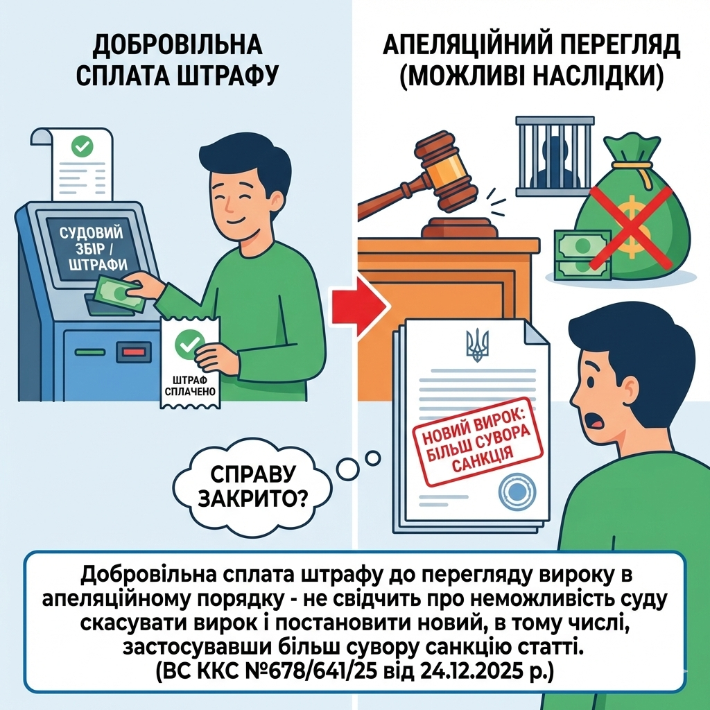 Добровільна сплата штрафу до перегляду вироку в апеляційному порядку - не свідчить про неможливість суду скасувати вирок і постановити новий, в тому числі, застосувавши більш сувору санкцію статті. (ВС ККС №678/641/25 від 24.12.2025 р.)
