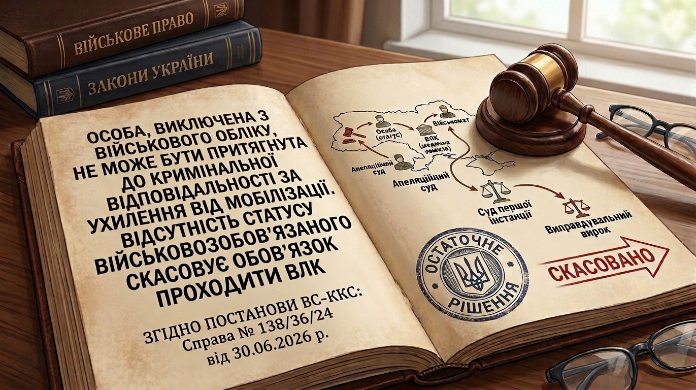 Особа, виключена з військового обліку, НЕ може нести кримінальну відповідальність за ухилення від мобілізації, як і немає обов’язку проходити процедуру призову, у тому числі, повторно проходити ВЛК (ВС ККС №138/36/24 від 30.06.2026 р.)