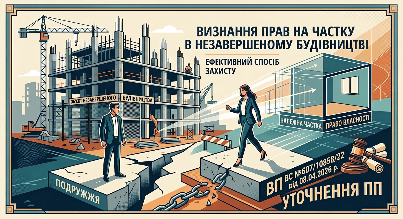 З метою поділу об’єкта незавершеного будівництва, один із подружжя все ж таки МОЖЕ визнати за собою право на належну йому частку в такому об'єкті. Саме такий спосіб захисту є ефективним. (ВП ВС №607/10858/22 від 08.04.2026 р. УТОЧНЕННЯ ПП)