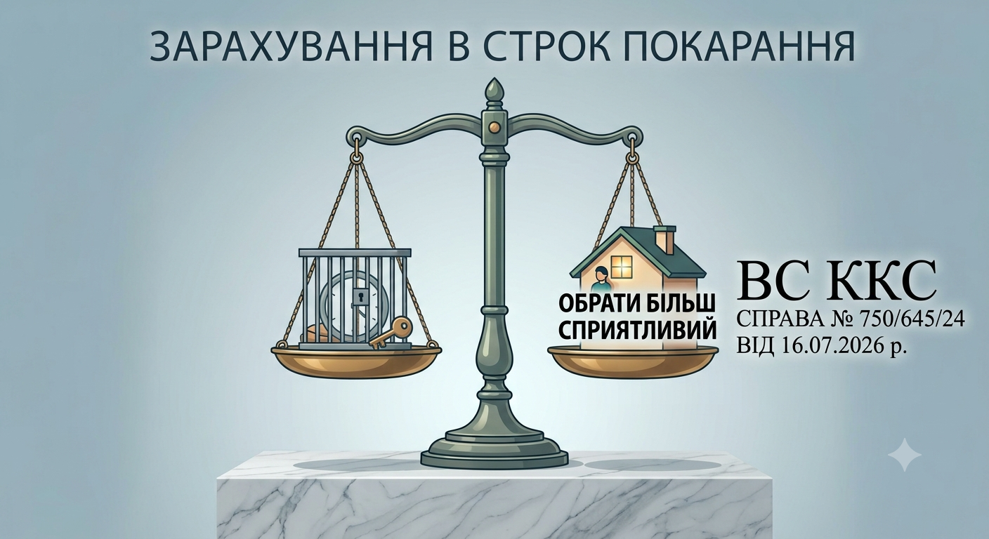 При зарахуванні в строк покарання днів тримання під вартою та домашнього арешту, якщо в один день був і той і той вид запобіжних заходів - зараховується саме той, який більш сприятливий для особи  (ВС ККС №750/645/24 від 16.07.2026 р.)