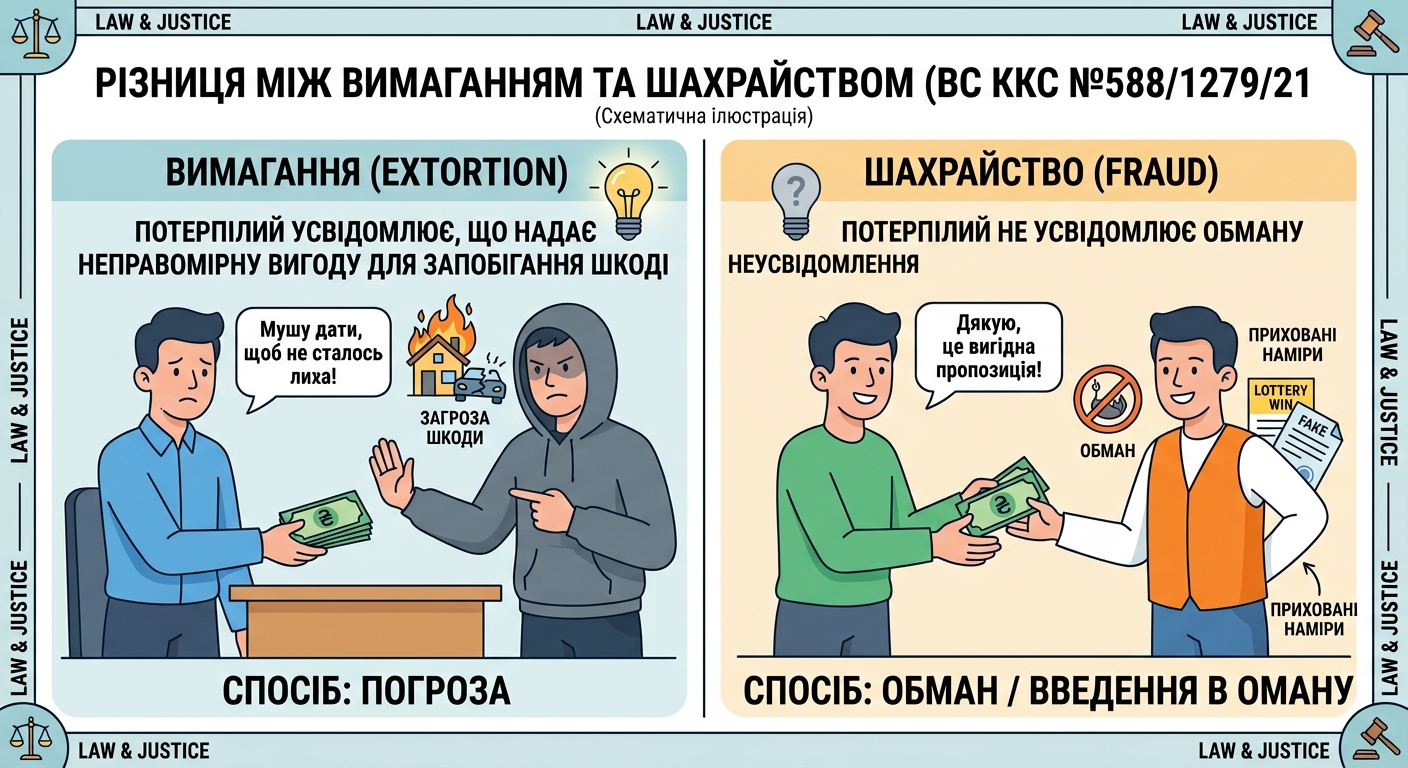 Відмежовуючи вимагання від шахрайства, слід виходити із того, що під час вимагання потерпілий чітко розуміє, що надає неправомірну вигоду саме для запобігання шкідливим наслідкам, тоді як під час шахрайства способом заволодіння майном є обман, за якого потерпілий не усвідомлює, що його вводять в оману. (ВС ККС №588/1279/21від 18.06.2026 р.)