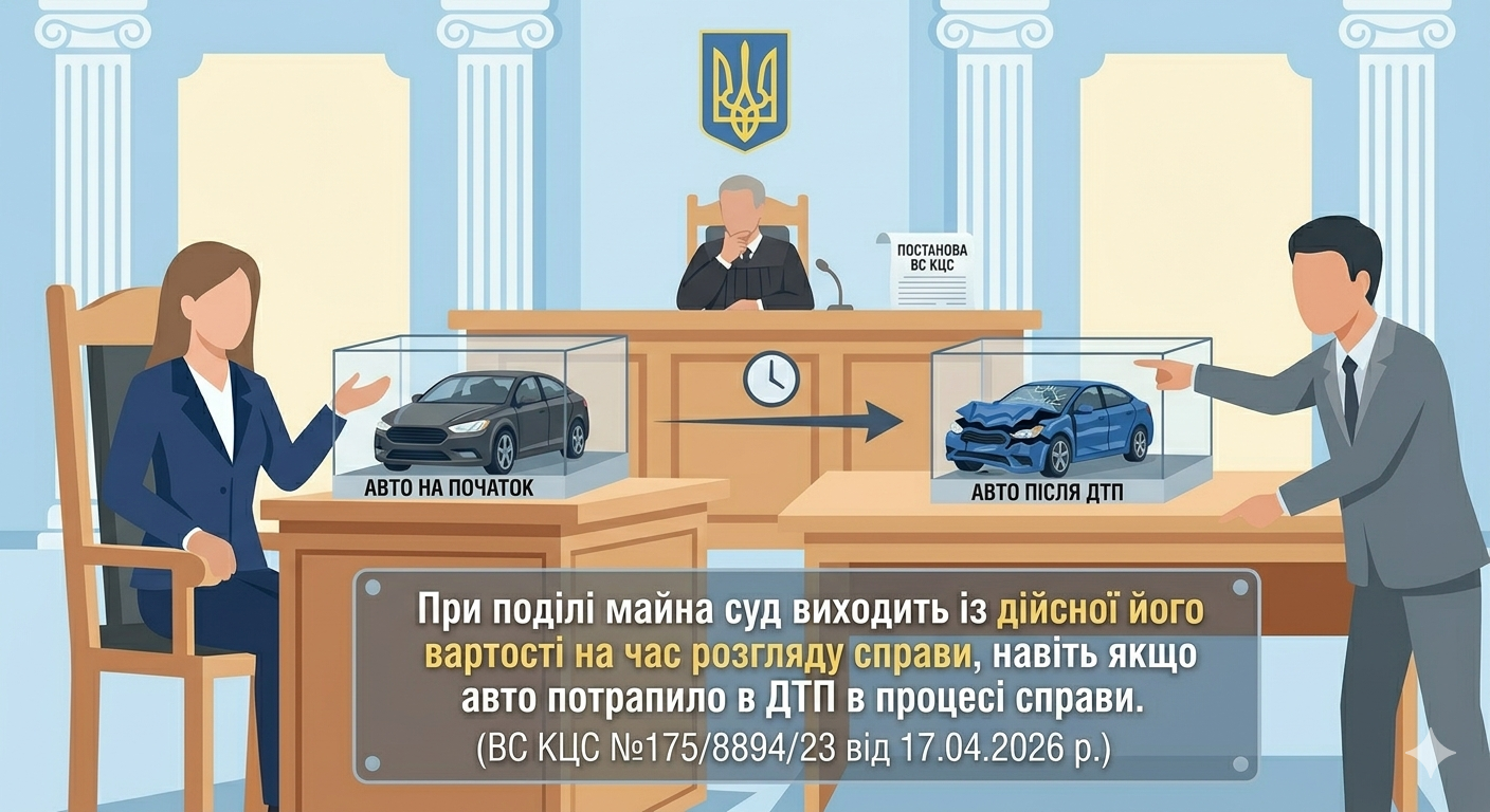 При поділі майна суд виходить із дійсної його вартості на час розгляду справи, навіть якщо авто потрапило в ДТП в процесі справи. (ВС КЦС №175/8894/23від 17.04.2026 р.)