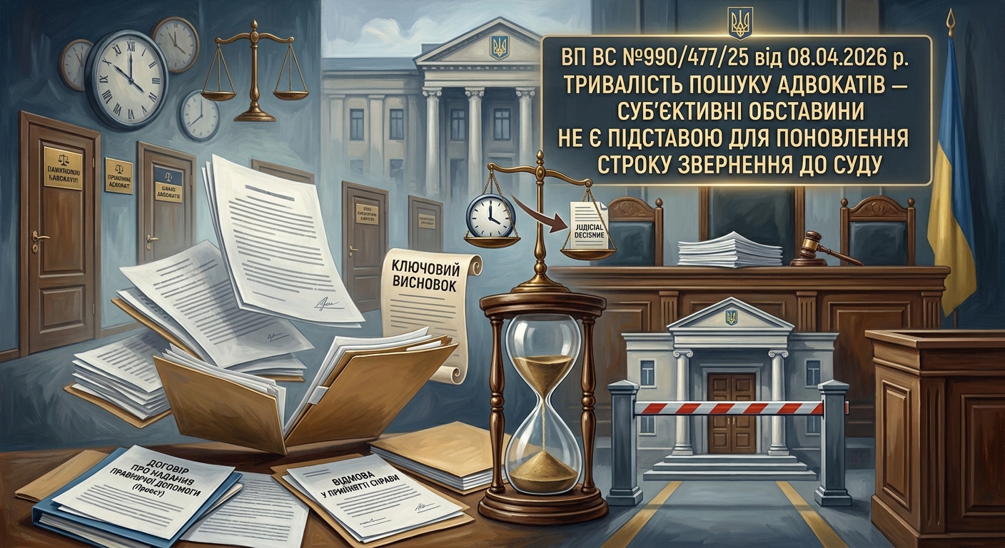 Обставини, пов`язані із тривалістю пошуку адвокатів - є суб'єктивними і НЕ свідчать про наявність підстав для поновлення строку звернення до суду (ВП ВС у справі №990/477/25 від 08.04.2026 р.)