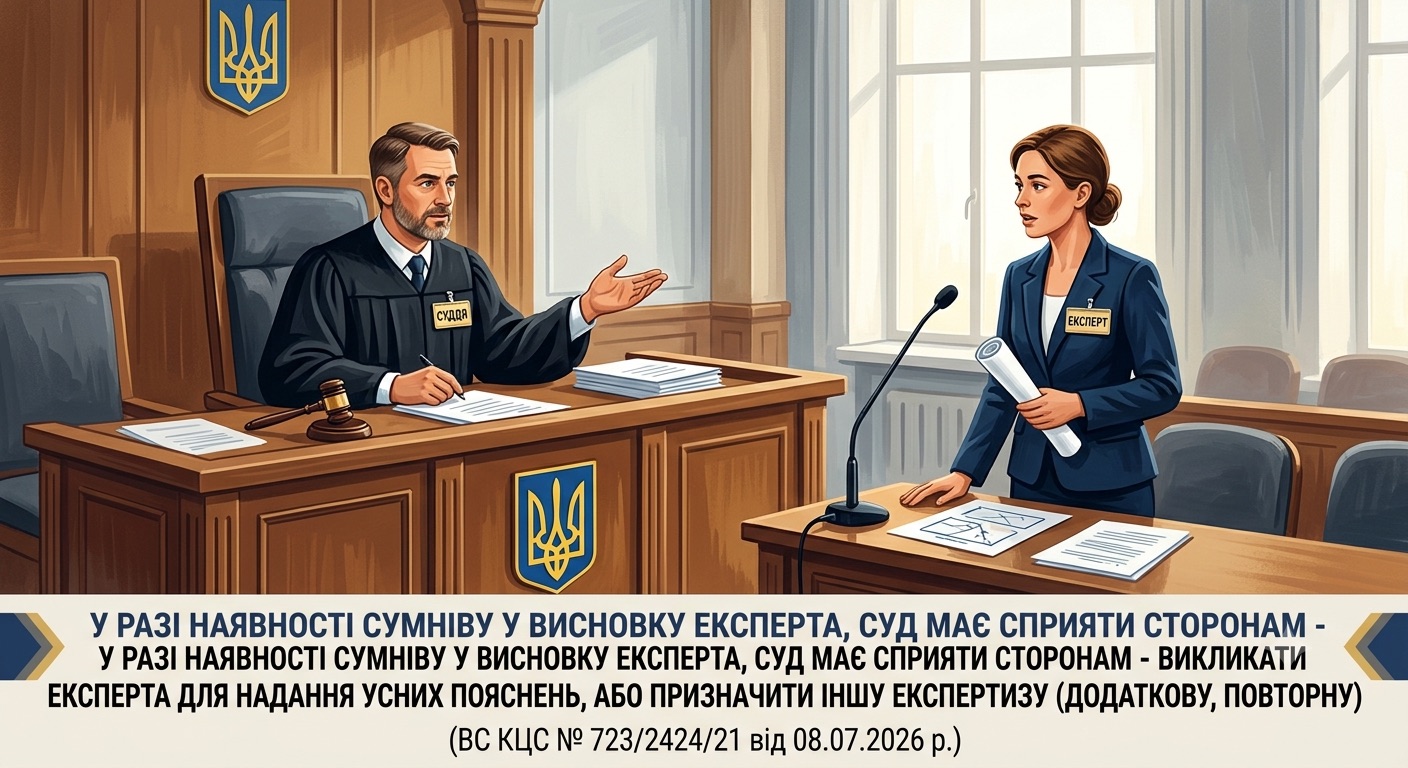 У разі наявності сумніву у висновку експерта, суд має сприяти сторонам -  викликати експерта для надання усних пояснень, або призначити іншу експертизу (додаткову, повторну) - а не просто визнати такий неналежним доказом. (ВС КЦС № 723/2424/21 від 08.07.2026 р.)