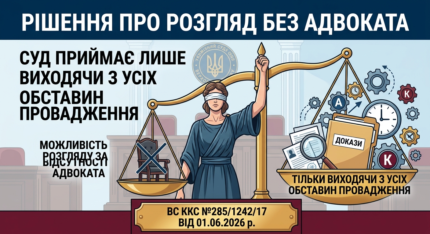 Рішення про проведення розгляду повністю або частково за відсутності адвоката суд приймає ЛИШЕ виходячи з усіх обставин провадження. ОП визнав правомірним розгляд без захисника у справі де були числені відкладення засідання через неприбуття адвокатів. (ОП ВС ККС №285/1242/17 від 01.06.2026 р.)