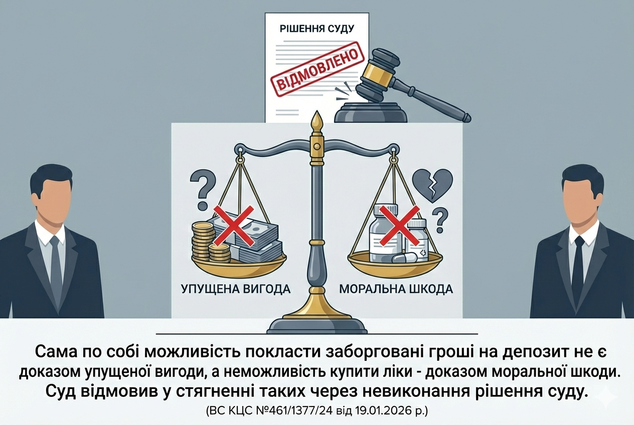 Сама по собі можливість покласти заборговані гроші на депозит не є доказом упущеної вигоди, а неможливість купити ліки - доказом моральної шкоди. Суд відмовив у стягненні таких через невиконання рішення суду. (ВС КЦС №461/1377/24 від 19.01.2026 р.)