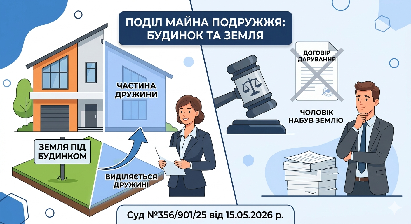 Оскільки між колишнім подружжям поділено будинок, і на користь дружини виділено його частину, то земля під будинком, також виділяється дружині, попри набуття ділянки чоловіком за договором дарування. (Суд №356/901/25 від 15.05.2026 р.)