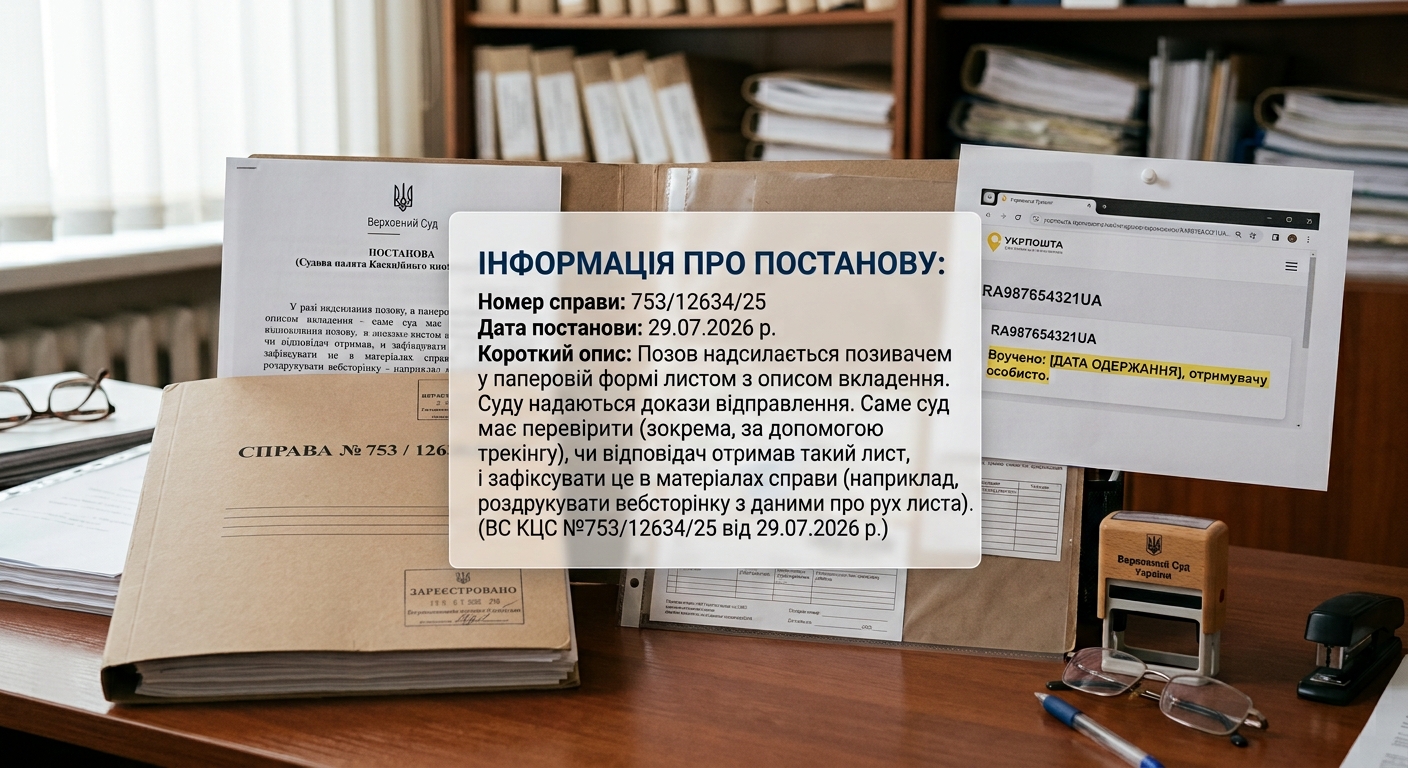 Коли позов надсилається позивачем у паперовій формі листом з описом вкладення, а суду надаються докази відправлення, то саме суд має перевірити (зокрема, за допомогою трекінгу), чи відповідач отримав такий лист і зафіксувати це в матеріалах справи (наприклад, роздрукувати вебсторінку з даними про рух листа). (ВС КЦС №753/12634/25 від 29.07.2026 р.)