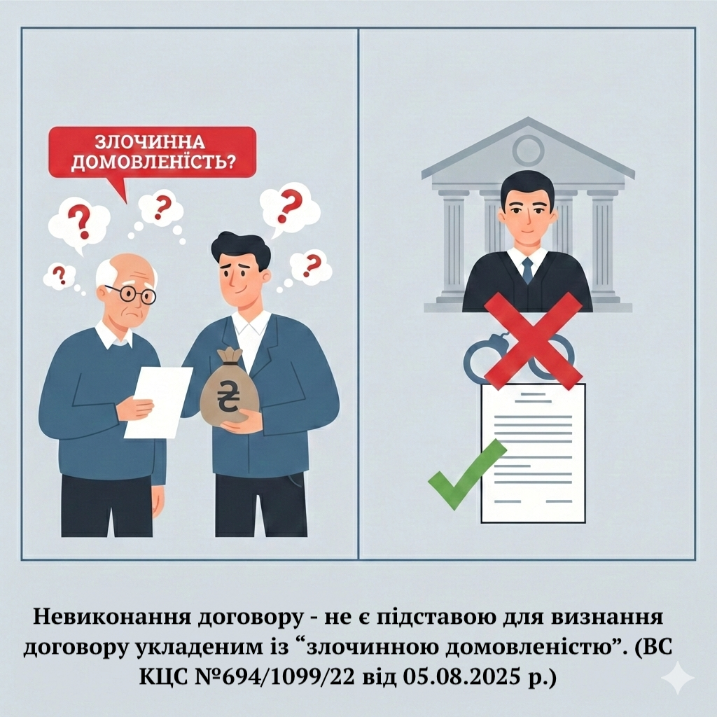 Невиконання договору, у тому числі, обов’язків представника перед довірителем (зокрема, непередача грошей у зв`язку з дорученням) - не є підставою для визнання договору укладеним із “злочинною домовленістю”. (ВС КЦС №694/1099/22 від 05.08.2025 р.)