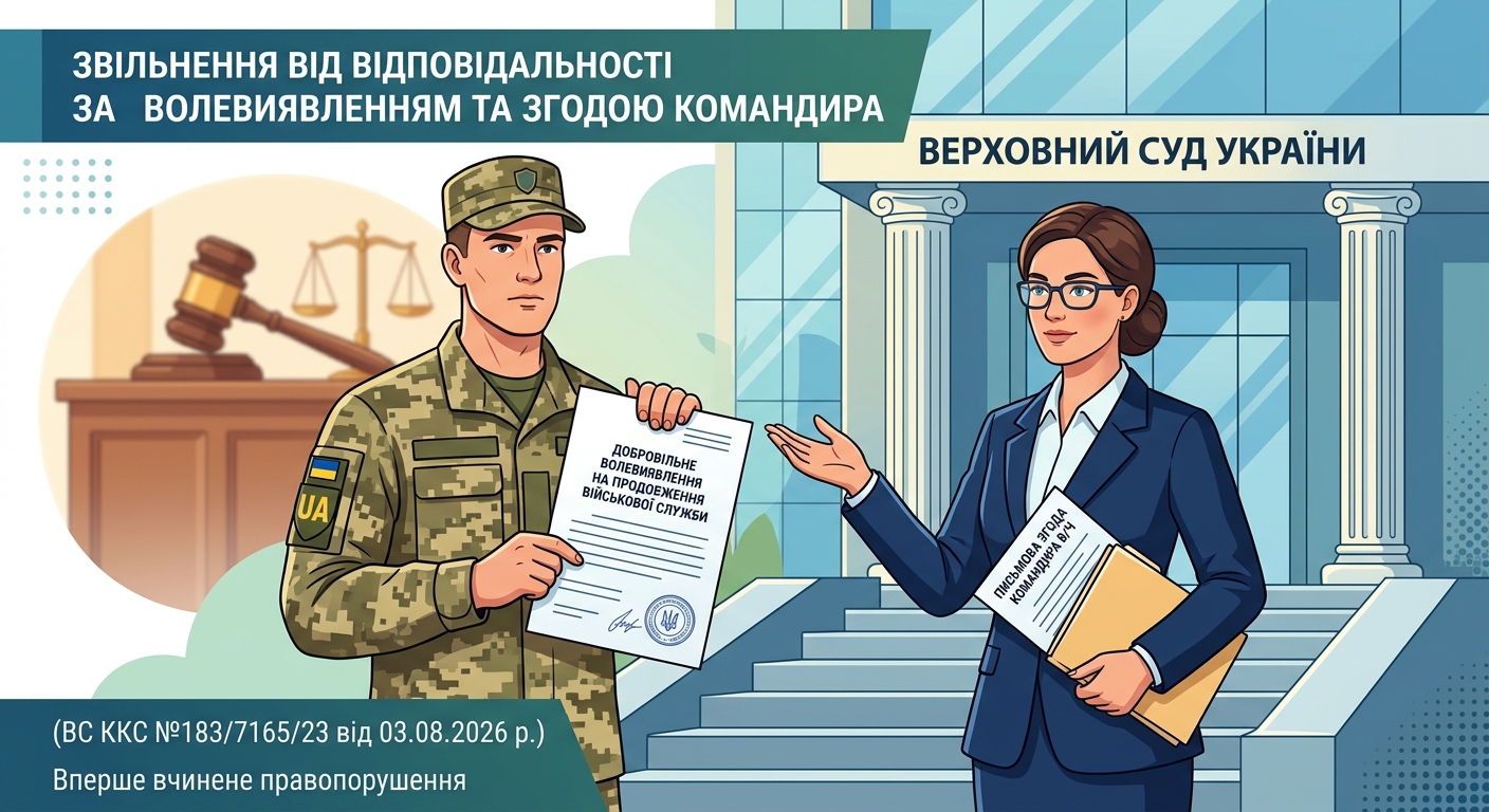 Добровільне волевиявлення на продовження військової служби, від особи що вперше вчинила кримінальне правопорушення, що супроводжується письмовою згодою командира в/ч - подане до Верховного Суду теж може бути підставою для звільнення від відповідальності. (ВС ККС №183/7165/23 від 03.08.2026 р.)