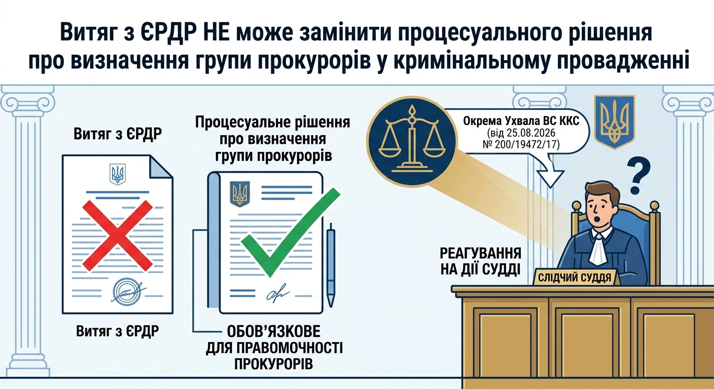 Витяг з ЄРДР НЕ може замінити процесуального рішення про визначення групи прокурорів у кримінальному провадженні. ВС ККС направив окрему ухвалу задля реагування на дії слідчого судді який цього не врахував (окрема ухвала ВС ККС № 200/19472/17 від 25.08.2026 р.)