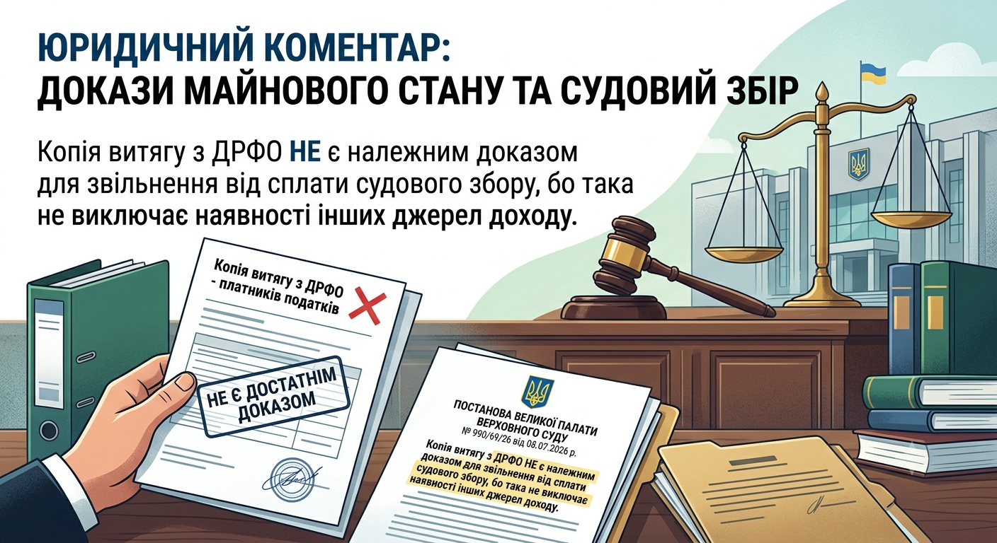 Витяг з Державного реєстру фізичних осіб - платників про суми виплачених доходів та утриманих податків - НЕ є належним доказом майнового стану для звільнення від сплати судового збору, бо такий не виключає наявності інших джерел доходу.(ВП ВС №990/69/26 від 08.07.2026 р.)