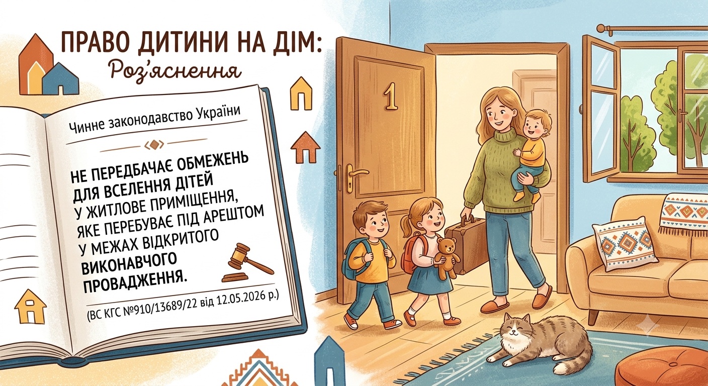 Чинне законодавство, не передбачає обмежень для вселення дітей у житлове приміщення, яке перебуває під арештом у межах відкритого виконавчого провадження. (ВС КГС №910/13689/22 від 12.05.2026 р.)