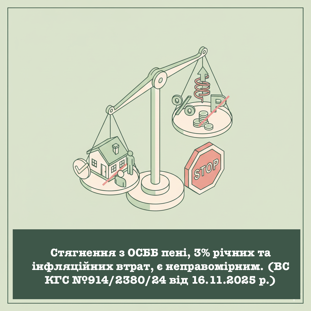 Стягнення з ОСББ пені, 3% річних та інфляційних втрат, є неправомірним, порушує права співвласників як побутових споживачів житлово-комунальних послуг. (ВС КГС №914/2380/24 від 16.11.2025 р.)