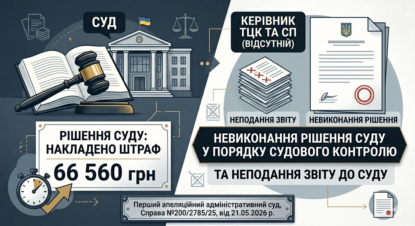 Суд наклав на керівника ТЦК СП штраф у розмірі 66 560 гривень за невиконання рішення суду у порядку судового контролю та неподання звіту до суду.  (Перший апеляційний адміністративний суд №200/2785/25 від 21.05.2026 р.)