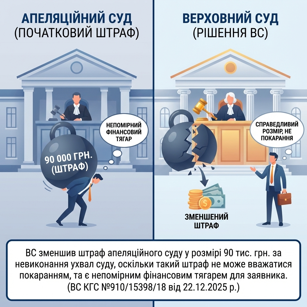 ВС зменшив штраф апеляційного суду у розмірі 90 тис. грн. за невиконання ухвал суду, оскільки такий штраф не може вважатися покаранням та є непомірним фінансовим тягарем для заявника. (ВС КГС №910/15398/18 від 22.12.2025 р.)