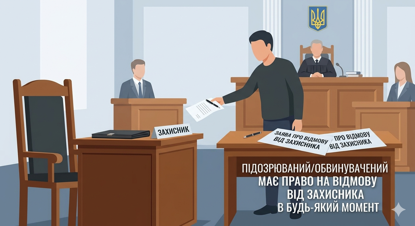 Підозрюваний, обвинувачений мають право на відмову від захисника в будь-який момент кримінального провадження незалежно від форми такої відмови. (ВС ККС №390/26/23 від 20.01.2026 р.)