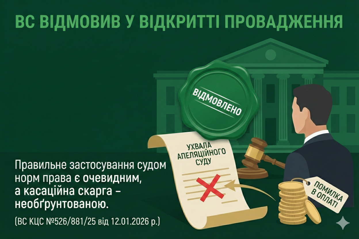 ВС відмовив у відкритті провадження за скаргою на ухвалу апеляційного суду (апелянт помилився при оплаті судового збору), бо правильне застосування судом норм права є очевидним, а касаційна скарга - необґрунтованою. (ВС КЦС №526/881/25 від 12.01.2026 р.)
