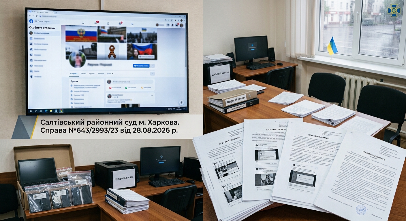 Суд підтвердив належність іменної сторінки Фейсбук особі, яка розміщувала проросійські матеріали завдяки протоколам обшуку, огляду та зняття інформації з електронних інформаційних систем. (Салтівський районний суд м. Харкова №643/2993/23 від 28.08.2026 р.)