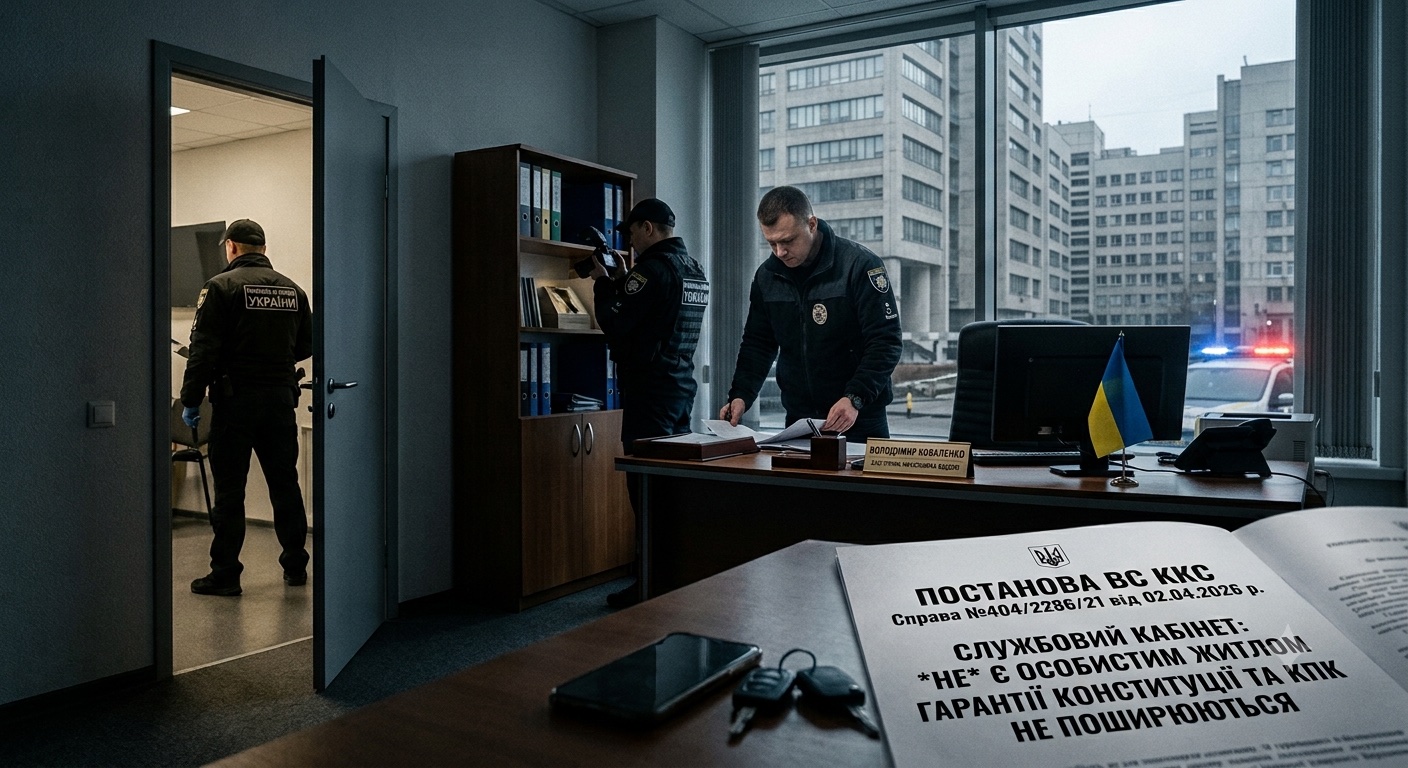 На службовий кабінет не поширюються гарантії від втручання в приватне життя, передбачені Конституцією України та нормами КПК України. (ВС ККС №404/2286/21 від 02.04.2026 р.)