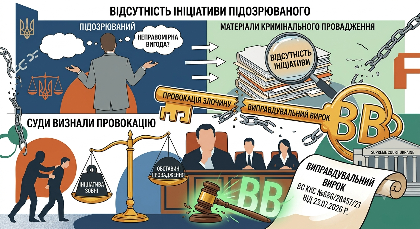 Жодних даних про те, що ініціатором розмов про неправомірну вигоду був підозрюваний матеріали кримінального провадження не містили, тому суди визнали провокацію до вчинення злочину та постановили виправдувальний вирок. (ВС ККС у справі №686/28457/21 від 23.07.2026 р.)