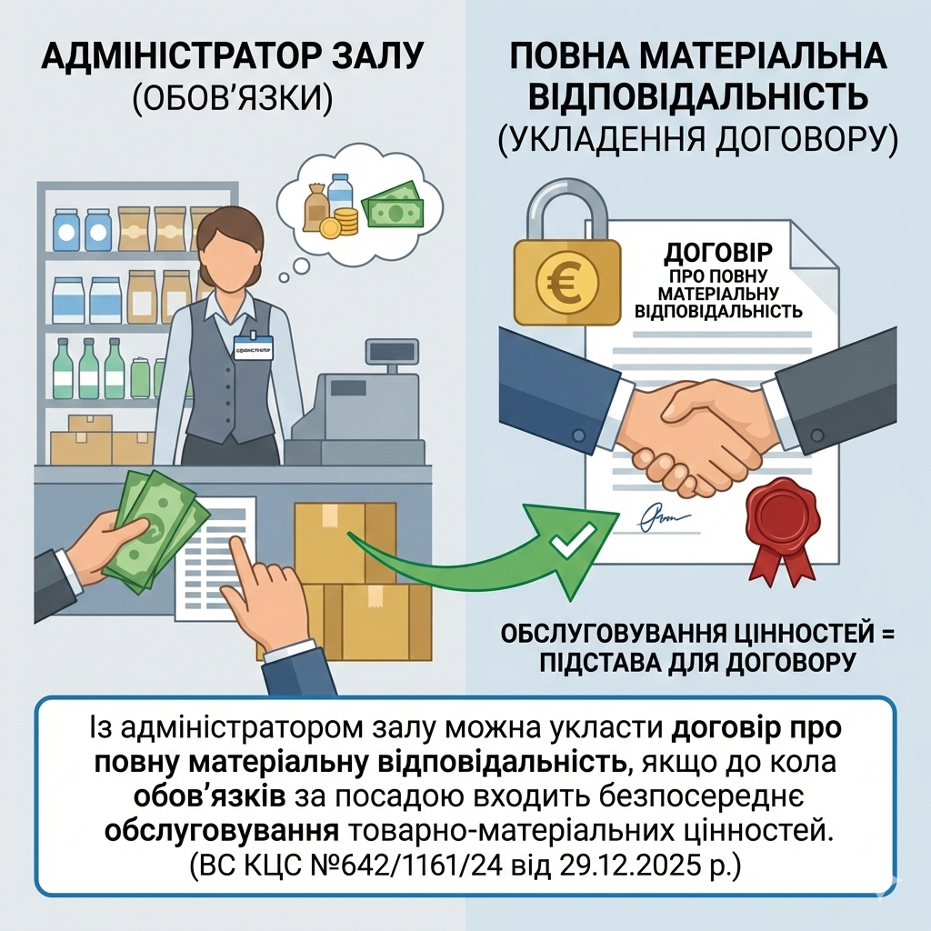 Із адміністратором залу можна укласти договір про повну матеріальну відповідальність, якщо до кола обов'язків за посадою входить безпосереднє обслуговування товарно-матеріальних цінностей. (ВС КЦС №642/1161/24 від 29.12.2025 р.)