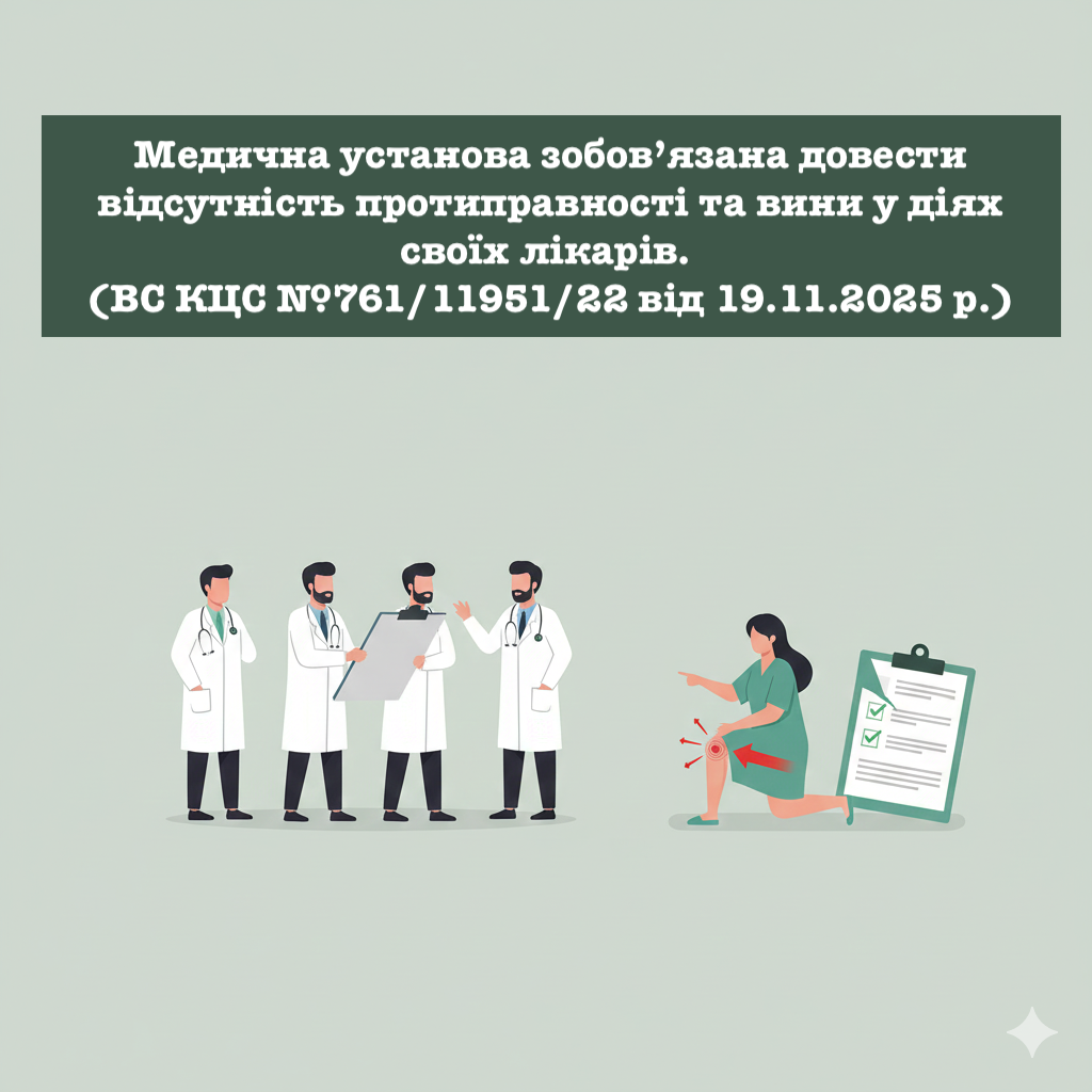 Саме медична установа зобов’язана довести відсутність протиправності та вини у діях своїх лікарів, оскільки у спорах про відшкодування шкоди позивач доводить наявність шкоди та причинний зв`язок; а відповідач доводить відсутність протиправності та вини.  (ВС КЦС №761/11951/22 від 19.11.2025 р.)
