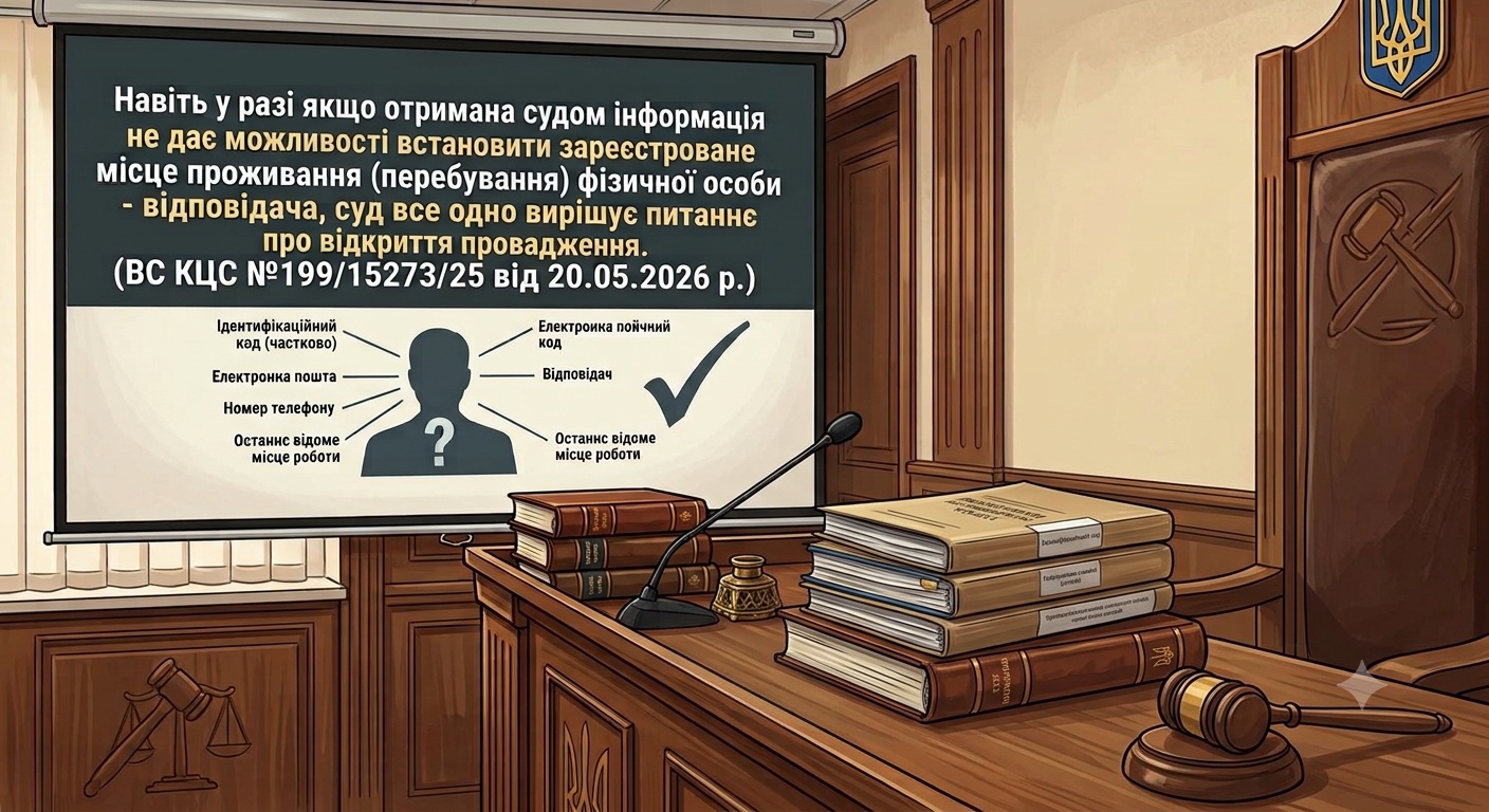 Навіть у разі якщо отримана судом інформація не дає можливості встановити зареєстроване місце проживання (перебування) фізичної особи - відповідача, суд все одно вирішує питання про відкриття провадження. (ВС КЦС у справі №199/15273/25 від 20.05.2026 р.)