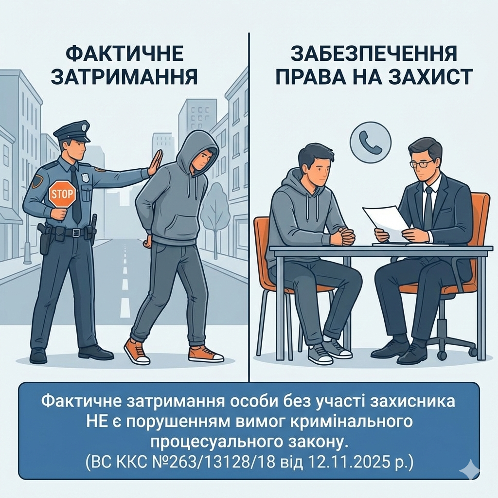 Фактичне затримання особи без участі захисника НЕ є порушенням вимог кримінального процесуального закону. (ВС ККС №263/13128/18 від 12.11.2025 р.)
