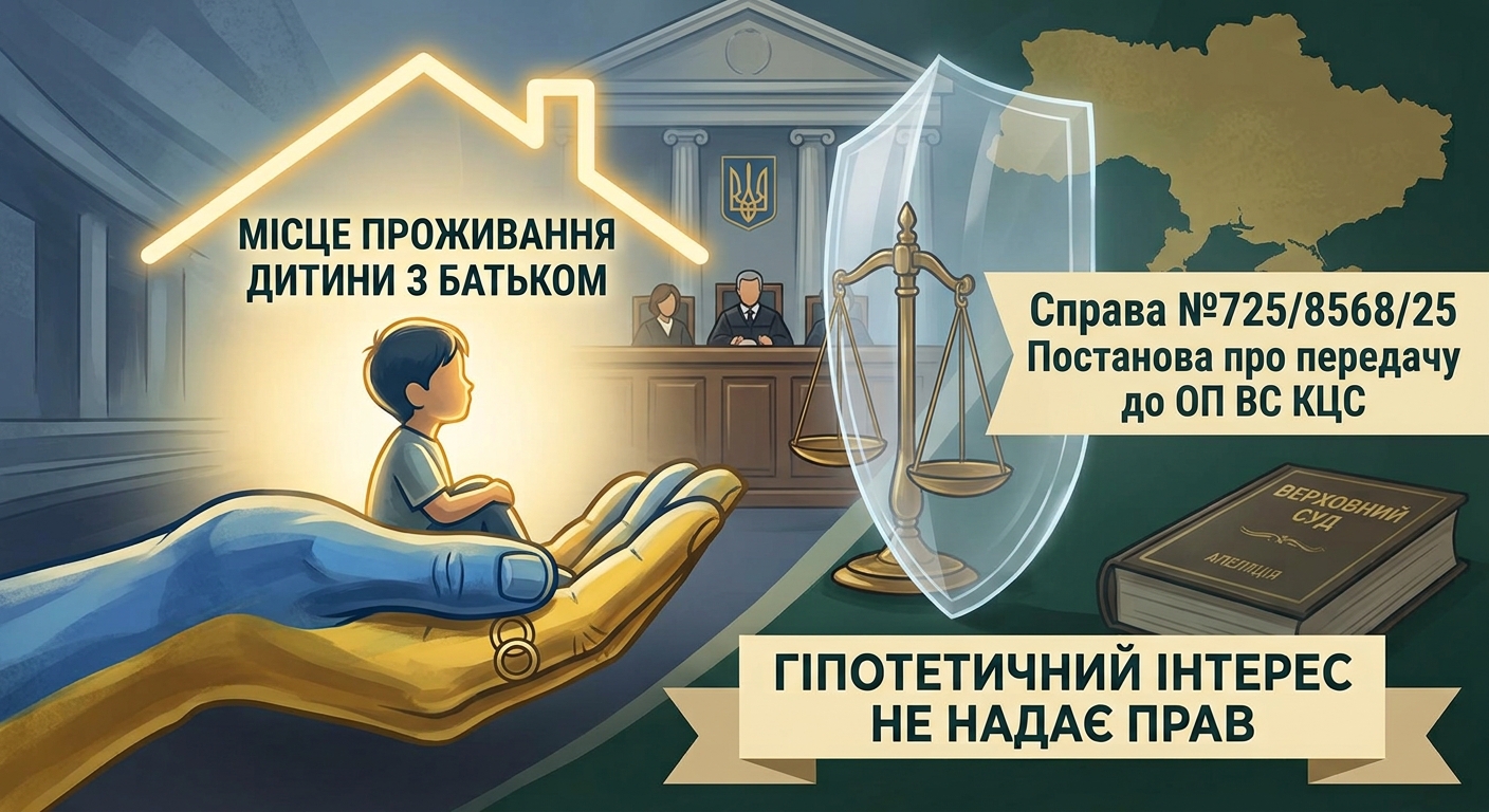Гіпотетичний інтерес не надає ТЦК СП прав у межах сімейних спорів між фізичними особами подавати апеляційні скарги на рішення про визначення місця проживання дитини з батьком. Справа передана на розгляд ОП ВС КЦС. (ВС КЦС №725/8568/25 від 12.08.2026 р.)