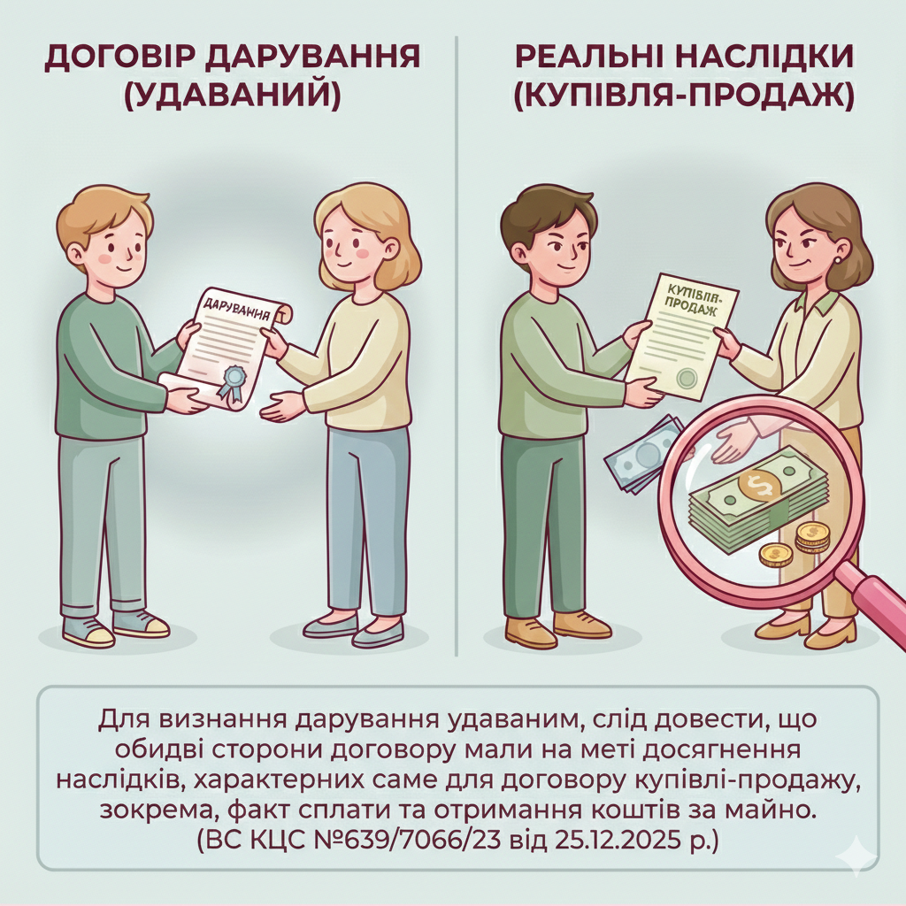 Для визнання дарування удаваним, слід довести, що обидві сторони договору мали на меті досягнення наслідків, характерних саме для договору купівлі-продажу, зокрема, факт сплати та отримання коштів за майно. (ВС КЦС №639/7066/23 від 25.12.2025 р.)