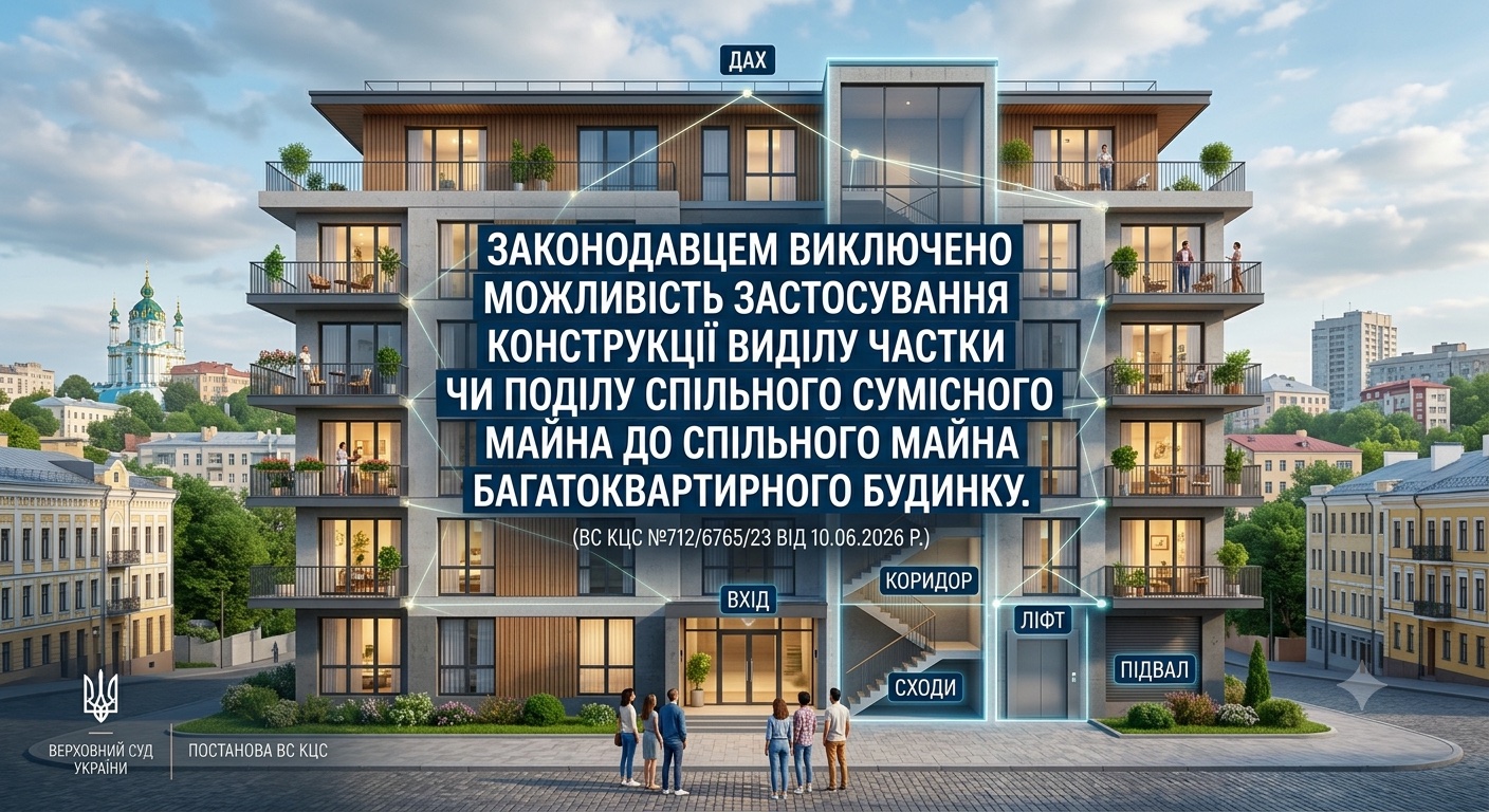 Законодавцем виключено можливість застосування конструкції виділу частки чи поділу спільного сумісного майна до спільного майна багатоквартирного будинку. (ВС КЦС №712/6765/23 від 10.06.2026 р.)