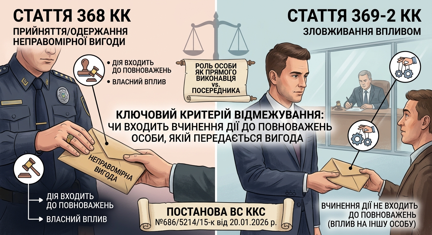 Для відмежування ст. 368 КК (прийняття/одержання неправомірної вигоди), від ст. 369-2 КК (зловживання впливом), визначальним є питання, чи входить вчинення дії (бездіяльності) до повноважень особи, якій передається неправомірна вигода (ВС ККС №686/5214/15-к від 20.01.2026 р.)
