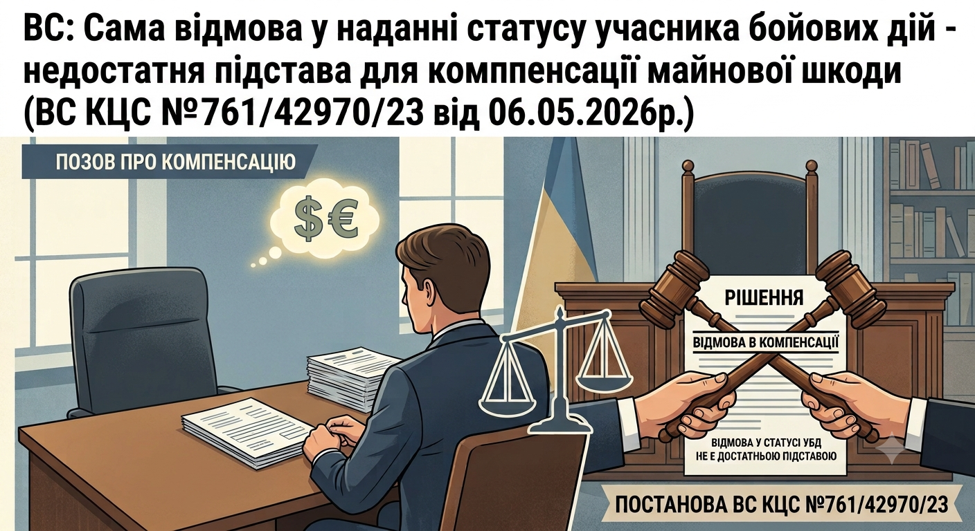 Сама відмова у наданні статусу учасника бойових дій - недостатня підстава для компенсації майнової шкоди (ВС КЦС №761/42970/23 від 06.05.2026 р.)