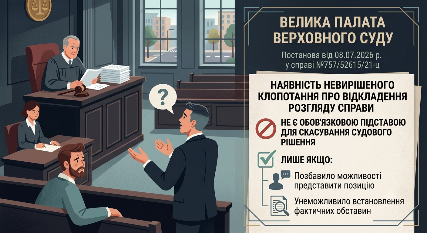 Наявність невирішеного судом клопотання повідомленого учасника про відкладення розгляду справи НЕ є обов'язковою підставою для скасування судового рішення. Це може бути підставою лише якщо позбавило його можливості представити свою позицію, чи унеможливило встановлення фактичних обставин. (ВП ВС №757/52615/21-ц від 08.07.2026 р.)