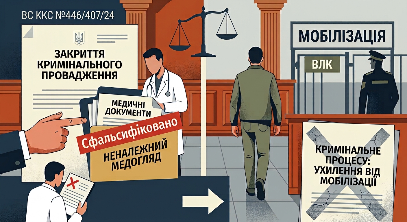 Неналежний медогляд та сфальсифіковані документи про проходження ВЛК стали підставою для закриття кримінального провадження за фактом вчинення ухилення від мобілізації (ВС ККС №446/407/24 від 27.05.2026 р.)